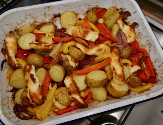 Chorizo, Potato and Halloumi Roasting Tin Recipe | Autumnal Comfort Food