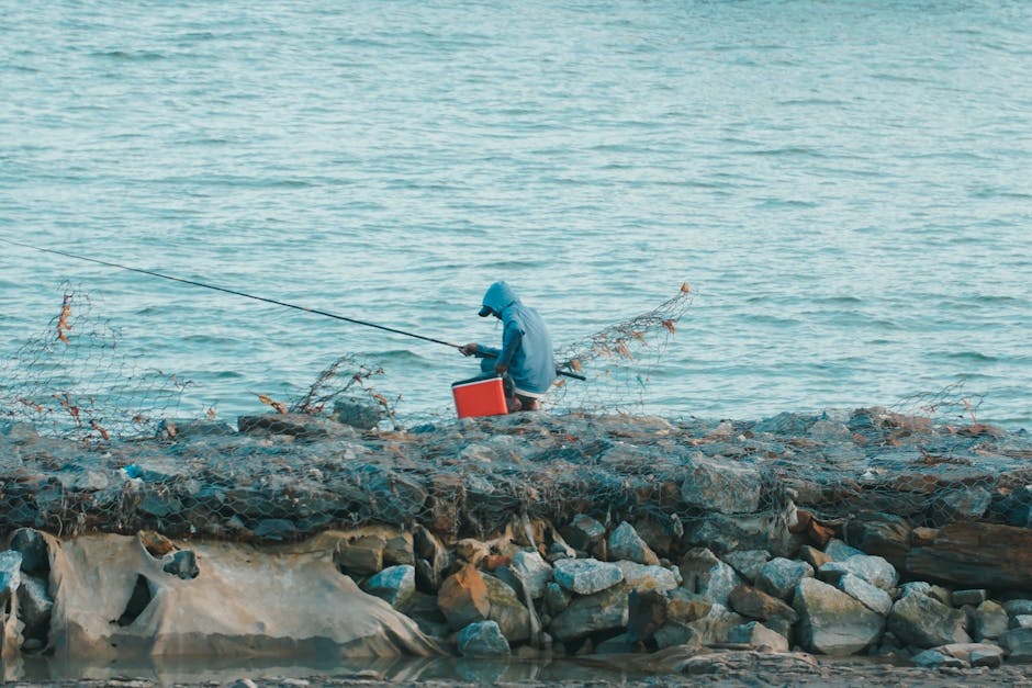A solitary fisherman at a rocky shoreline in Da Nang, Vietnam, on a clear day.