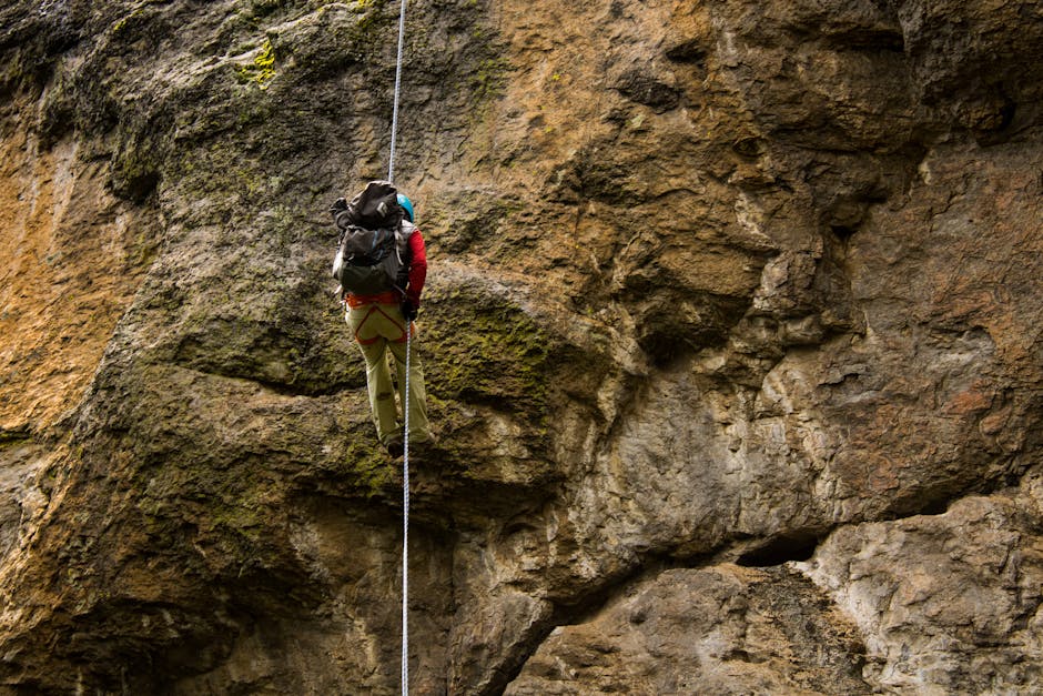 Back view of a climber with rope scaling a rugged cliff outdoors.